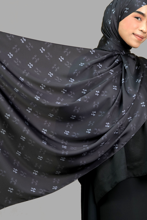 Monogram Satin Hijab - Obsidian